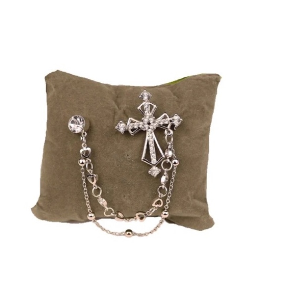 British Style Vintage Crystal Cross Brooch Pin Double Chain Lapel Pins - Picture 2 of 6